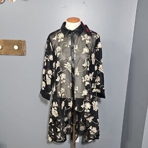 Midnight Velvet, High Low, Tunic Top, Sheer , Embroidered Floral Pattern, Black